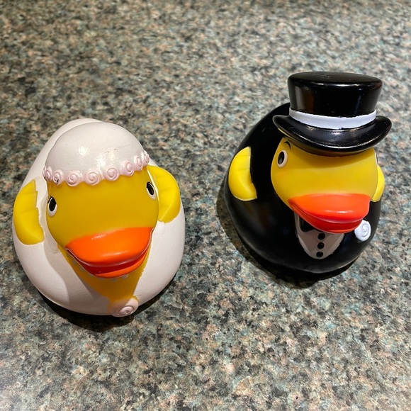 None Other - Bride and Groom rubber duckies White Dress Tuxedo Top Hat Veil and Pearls